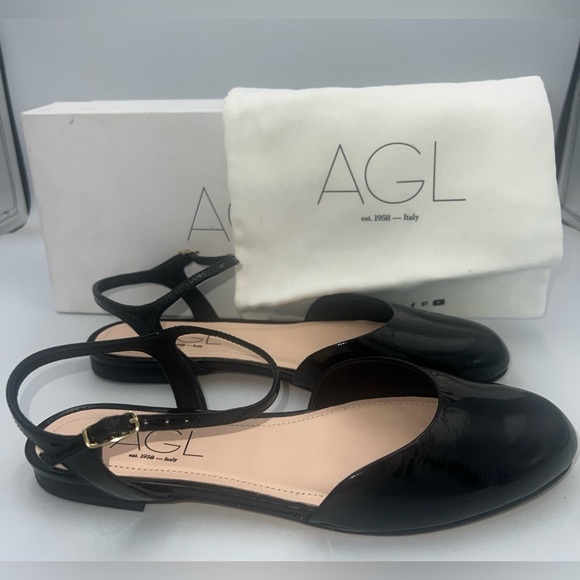 AGL Milly Ankle Strap Slingback Flats Size EU37.5 Black Patent Leather NWB ITALY